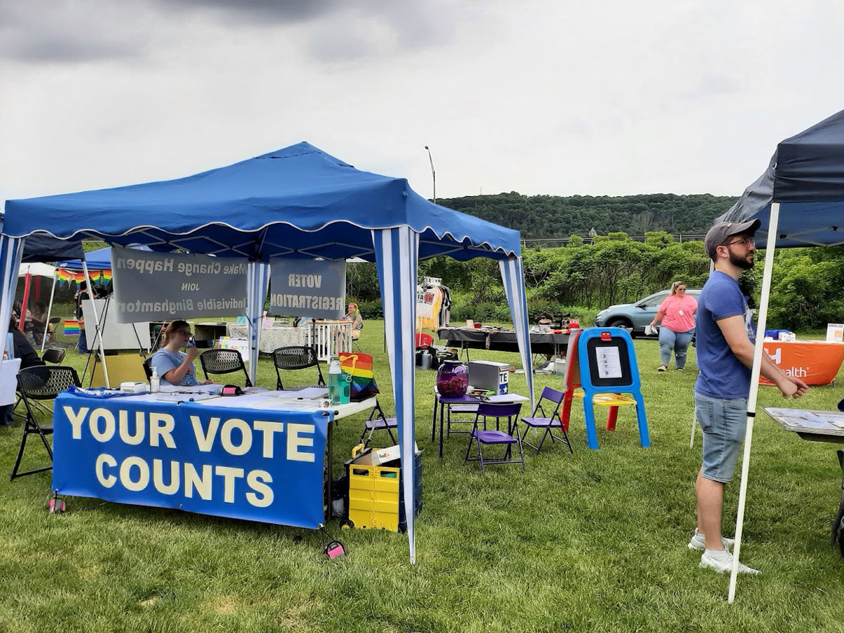 Indivisible Binghamton at a chapter event, June 11, 2022