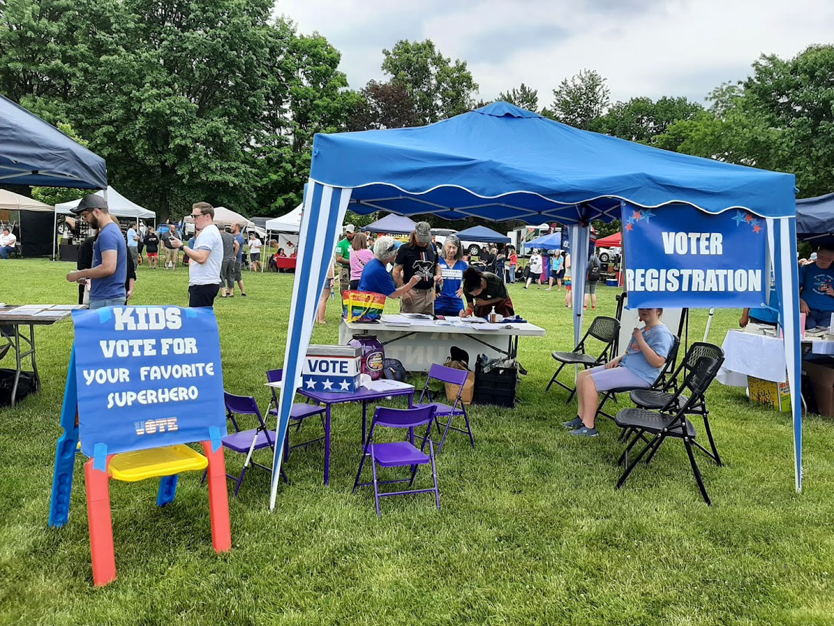 Indivisible Binghamton at a chapter event, June 11, 2022